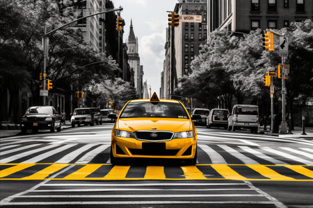an intersection with pedestrian crossings in New York and taxi carsの素材