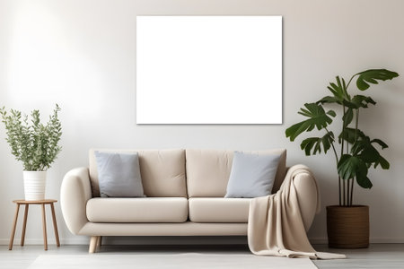 Bright and airy minimalist scandinavian living room interior design with a white sofa, warm wood tones, and abundant greenery for a fresh, inviting atmosphere.の素材