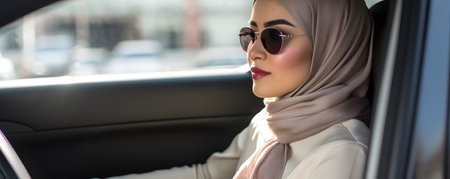A stylish, modern Muslim woman wearing a hijab confidently drives a car, breaking stereotypes and representing independence and empowerment as she takes control of the wheel.の素材