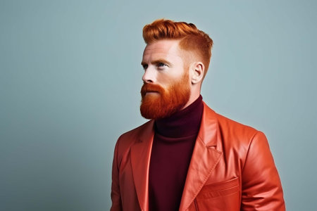 A confident and stylish red-haired man with a well-groomed beard and a charismatic look, exuding positivity and charm as he poses for the camera in a fashionable outfit.の素材