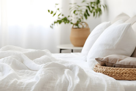 Clean white folded blanket placed neatly on a comfortable white bed in a serene and cozy bedroom interior, creating a sense of peace and comfort.の素材