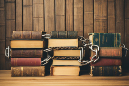 Festive poster for the World Book and Copyright Day with books closed on an iron chainの素材