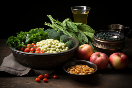 Stop food waste day. fresh assortment of vegetables, fruits, and nuts in a cup on the tableの素材