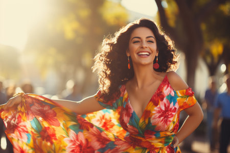 Vibrant festival scene featuring Mexican-style jewelry crafting, dancing, and shoppingの素材