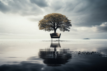 Parkinsons awareness month. glowy landscape with gray water, chair, lone treeの素材