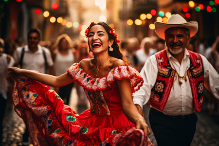 Group of people in colorful outfits dancing to mariachi music on the vibrant streetsの素材