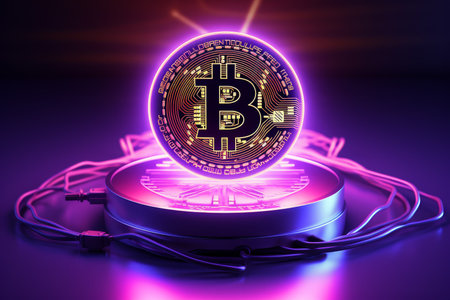 Bitcoin cryptocurrency coin on computer wires with neon light - infographics and logosの素材
