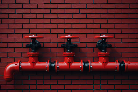 Industrial water pipeline system with flanges, bends, valves on rustic brick wall backdropの素材