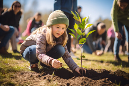 A girl planting a small tree with green leaves in fertile soil, observed by onlookers. Her smile reflects hope for a greener future against a blue sky with fluffy clouds.の素材