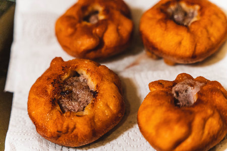 delicious belyashi, a traditional Russian delicacy with meat seasonedの写真素材