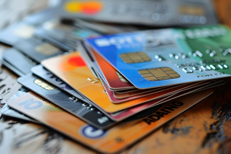 Close-up of visually striking credit cards with custom travel artwork for personalization, appealing to those seeking a unique and personalized financial experience.の素材