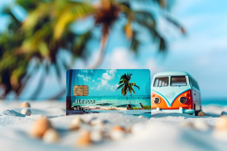 A customized credit card featuring a stylish vintage minibus on a sunny beach setting, perfect for travelers and surf enthusiasts. The design embodies a sense of adventure and relaxation.の素材