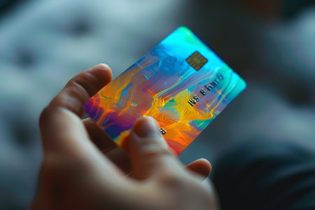 Close-up of a stylishly designed credit card being held by a consumer, representing the customization and visualization of dreams and aspirations in finance and spending.の素材