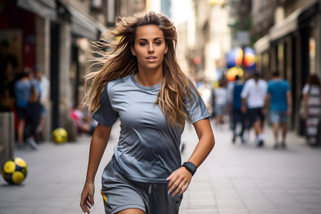Energetic young woman in soccer uniform running through an urban street with a soccer ball. She is focused and determined as she practices her soccer skills in the city.の素材
