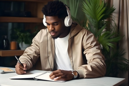 A dedicated African American college student is sitting at a desk, concentrating intently as he works on an assignment, surrounded by books and study materialsの素材