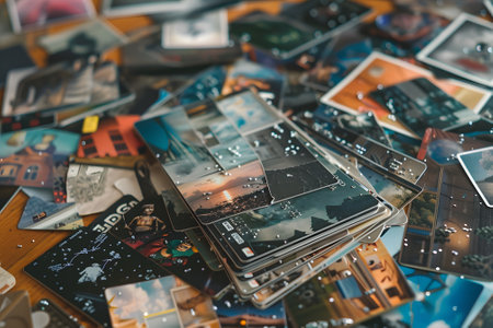 Close-up shot of a set of beautifully customized credit cards, each one featuring unique travel-inspired artwork, arranged against a stylish and modern background.の素材