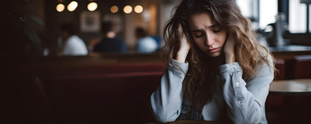 A despondent young woman sits alone at a cafe bar party, expressing frustration and sadness as she deals with distressing news, giving off a feeling of isolation and melancholy.の素材
