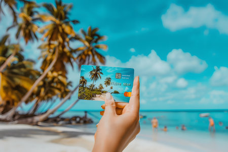 A close-up of a woman's hand holding a credit card against the backdrop of a beautiful tropical beach, presenting the perfect representation of a summer vacation and travel concept.の素材