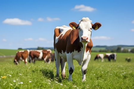 Beautiful farm landscape with cows peacefully grazing on the vibrant green fields under a clear blue sky. This idyllic scene showcases the natural setting for milk production and agriculture.の素材