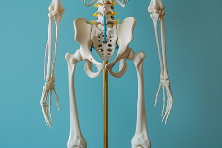 Detailed human skeleton model isolated on a blue background. Perfect for anatomy and medical concepts. This high-quality image is ideal for educational materials, medical publications, and websites.の素材
