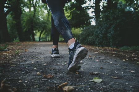 A pair of women's legs clad in athletic sneakers and leggings, seen running through the lush greenery of a park on a sunny day, embodying health and fitness.の素材