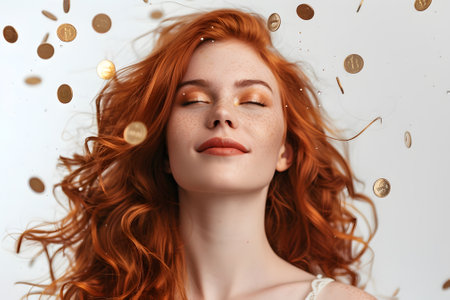 A confident young woman with red hair stands in front of a backdrop of falling golden coins, symbolizing the concept of personal finance priorities and financial responsibility.の素材