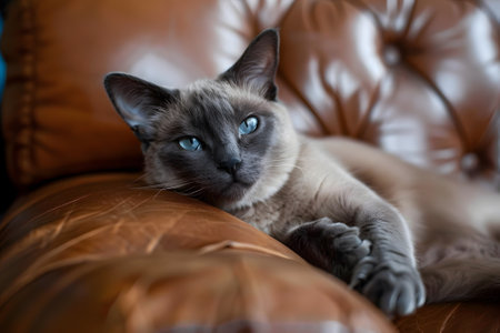 Close-up of a stunning siamese cat with mesmerizing blue eyes as it lounges comfortably on a rich brown leather sofa, creating a perfect image for pet lifestyle and luxury home themes.の素材
