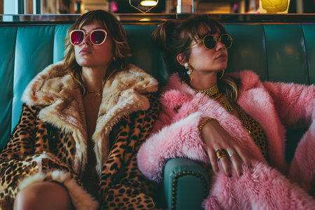 Two fashionable young women exude an 80s maximalist style as they sit in a cafe. Dressed in bright flashy fur coats, leather, and gold jewelry, they epitomize the bold and loud luxury look.の素材