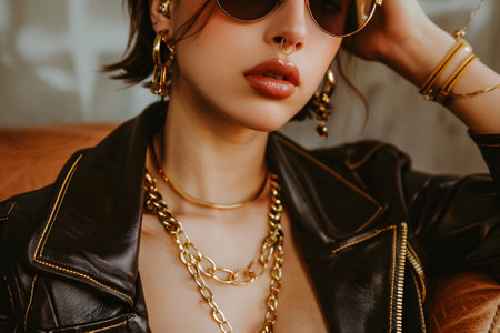 A stylish young woman is posing in a leather jacket and wearing trendy sunglasses and gold jewelry, capturing the essence of 80s maximalist fashion and exuding confidence and elegance.の素材