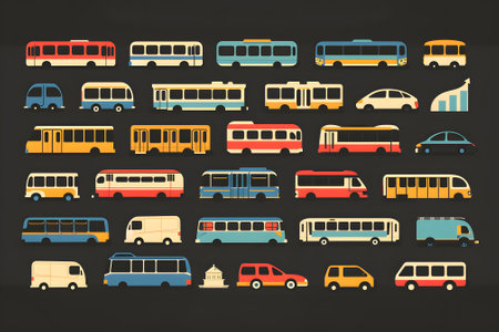 Illustration of bus, car, and wagon icons isolated on a black background. Urban and public transport concept depicted in a retro style with flat design and minimalism.の素材