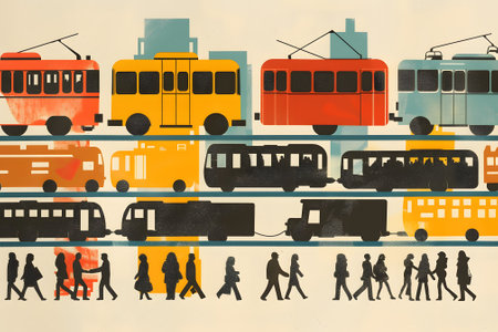 Minimalist retro illustration featuring a flat design urban cityscape with people and public transportation, depicting the lively city life in a simplistic and stylish manner.の素材