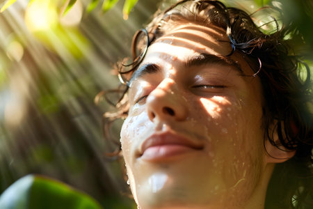 Close-up shot of a handsome young man with sunbeams filtering through the green leaves of trees, creating a natural and serene atmosphere around him.の素材