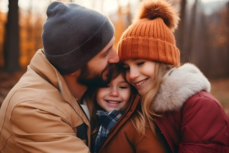 A man and his two children are walking in an autumn park, hugging comfortingly, showing unity and love for each other. Family tiesの素材