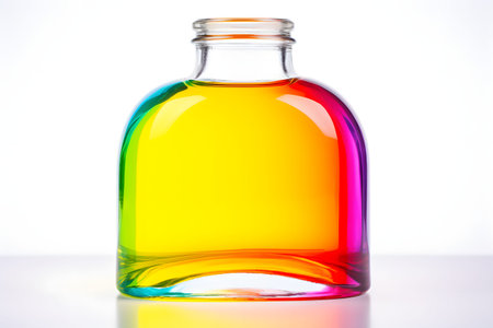 A clear glass bottle containing liquid stands upright on a wooden table, reflecting the surrounding light.の素材