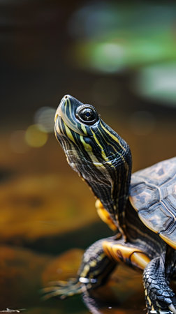 A turtle moves through a pond filled with lily padsの素材