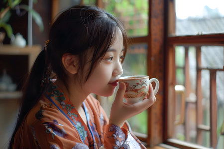 Chinese girl drinking tea tea day May 21の写真素材