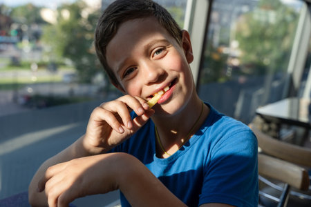 A charming boy of Caucasian appearance is having fun eating French friesの写真素材