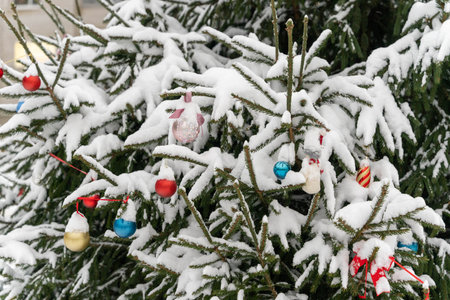 A Christmas tree adorned with colorful ornaments, covered in snow.の写真素材