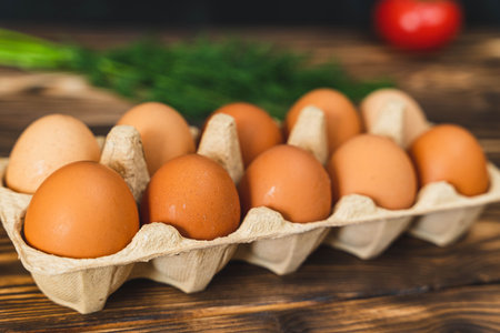 chicken eggs in a cardboard tray, fresh tomatoes and herbs on a wooden table