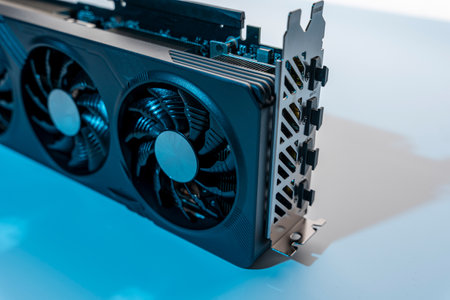 modern powerful gaming graphics card for a computer with three fansの写真素材