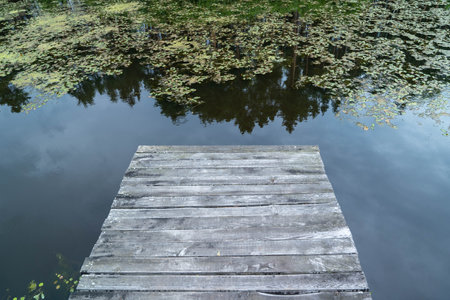 A wooden dock extends over a calm lake reflecting green foliageの写真素材