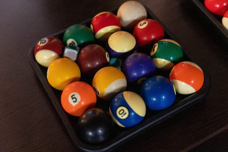 Billiard balls are organized in a rack ready for the gameの写真素材