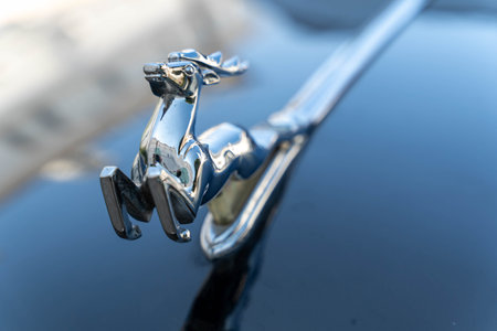 Russia, Valaam Island, July 27, 2024 - GAZ 21, Volga, shiny hood ornament of a deer leaps gracefully on the vehicleのeditorial素材