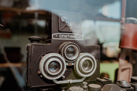 Pskov Region, Russia , July 21, 2024 - vintage dual-lens camera captured in a shop display, Sputnikのeditorial素材