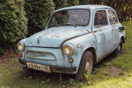 Pskov Region, Russia , July 21, 2024 - ZAZ 965, abandoned vintage blue car sits overgrown in the grassのeditorial素材