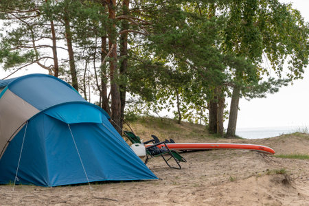 A vibrant tent and a kayak beside a peaceful lakeside setting.の写真素材