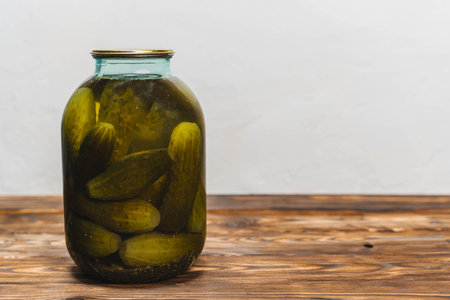 Jar of Pickles on Wooden Tableの写真素材