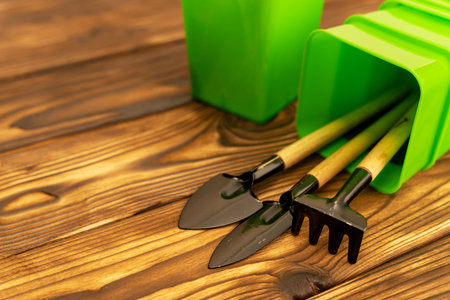 A collection of miniature gardening tools, including shovels, rakes and pots for seedlings