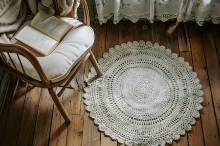 Crocheted rug on wood floor near chair with book on cushionの素材