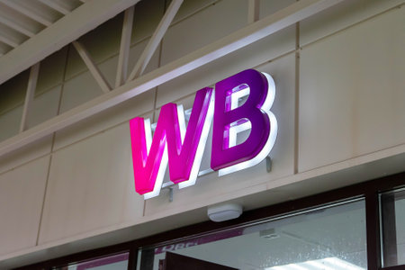 Russia, Sosnovy Bor, October 27, 2024 -Illuminated wb sign of wildberries store in shopping mallのeditorial素材
